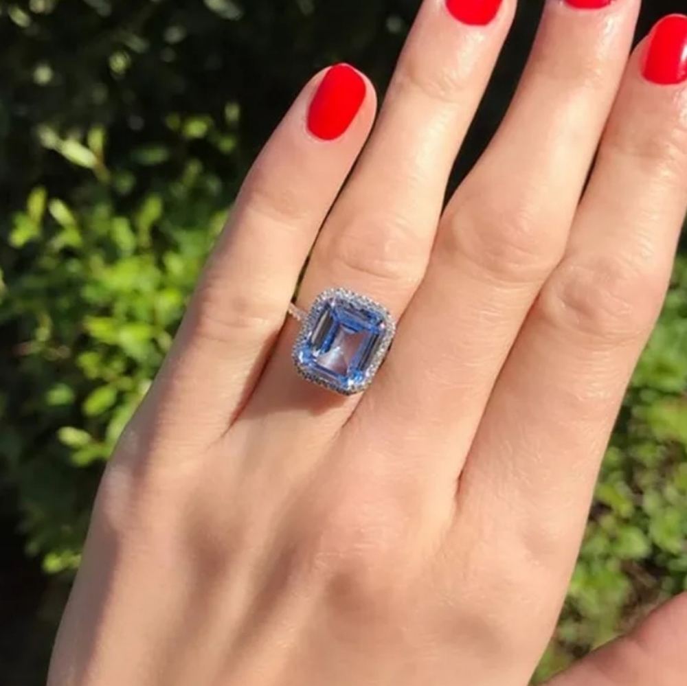 New Blue Aquamarine Silver Diamond Halo Ring - Picture 2 of 5
